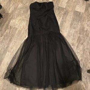 Black formal strapless gown with tulle overlay
